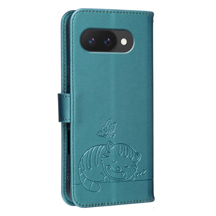 For Google Pixel 10a Cat Butterfly Embossed RFID Vegan Leather Phone Case with Strap