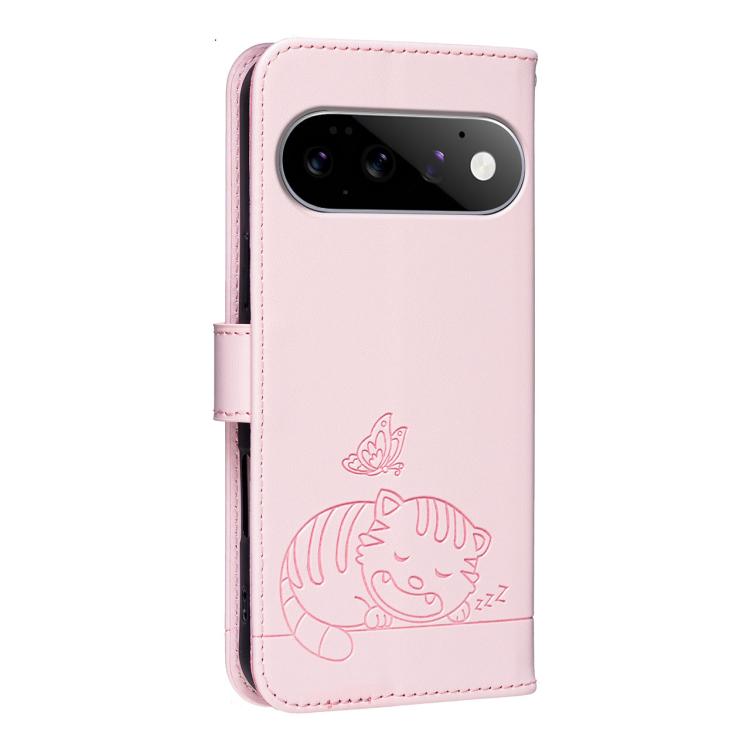 For Google Pixel 11 Pro Cat Butterfly Embossed RFID Vegan Leather Phone Case with Strap