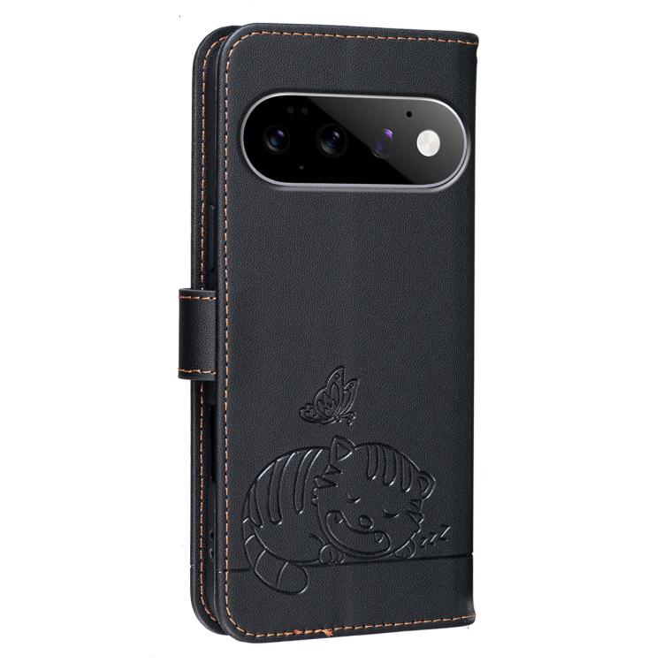 For Google Pixel 11 Pro Cat Butterfly Embossed RFID Vegan Leather Phone Case with Strap