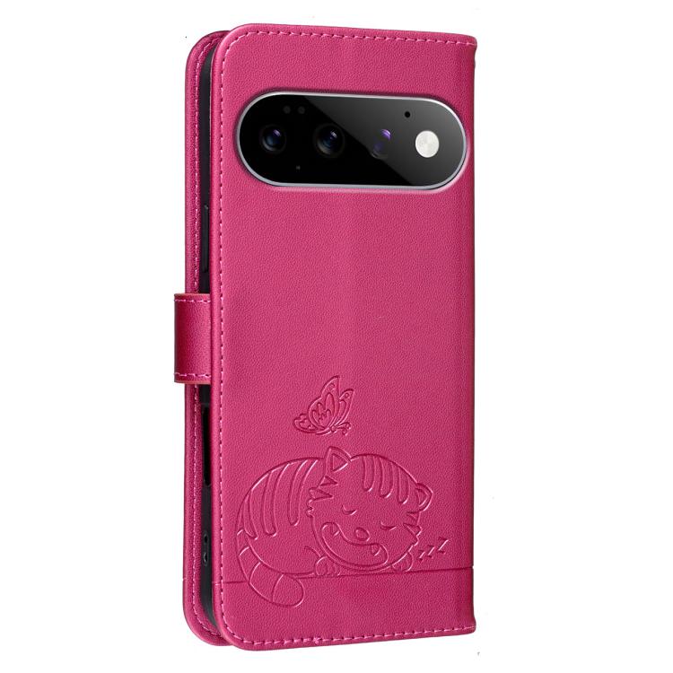 For Google Pixel 11 Pro Cat Butterfly Embossed RFID Vegan Leather Phone Case with Strap
