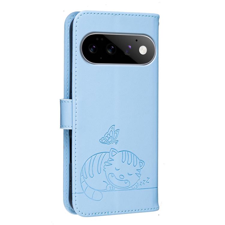 For Google Pixel 11 Pro Cat Butterfly Embossed RFID Vegan Leather Phone Case with Strap