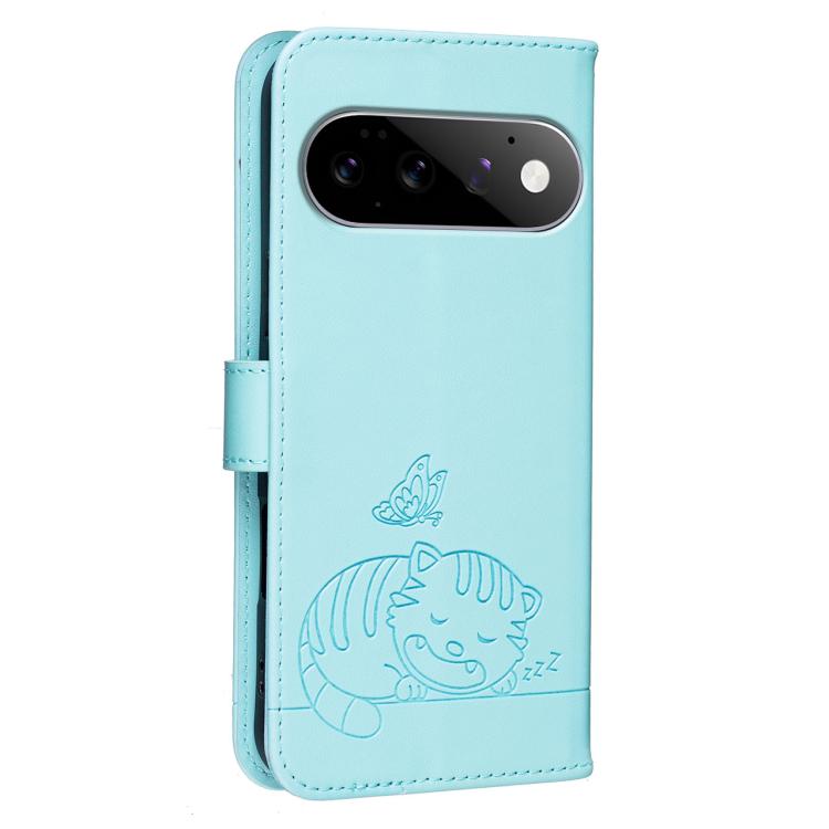 For Google Pixel 11 Pro Cat Butterfly Embossed RFID Vegan Leather Phone Case with Strap