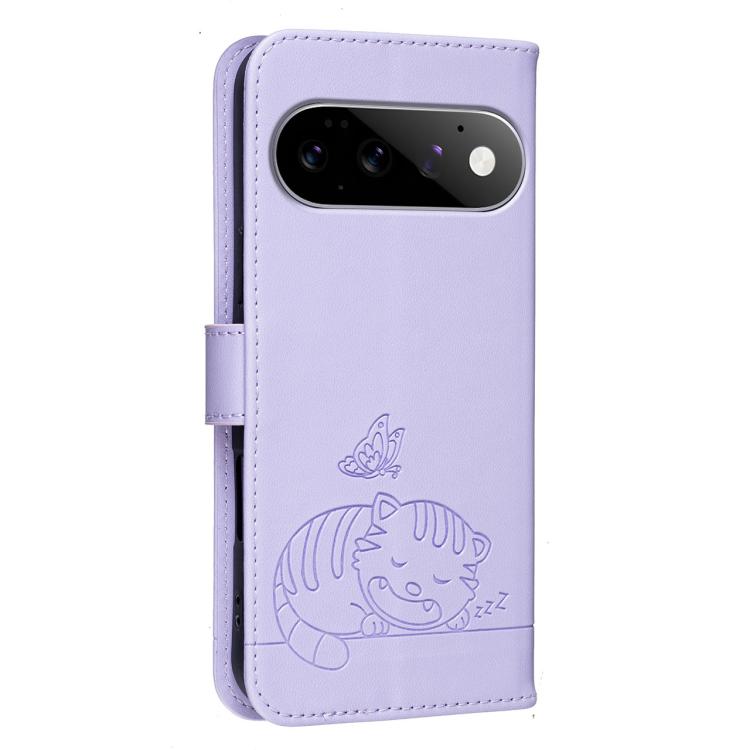 For Google Pixel 11 Pro Cat Butterfly Embossed RFID Vegan Leather Phone Case with Strap