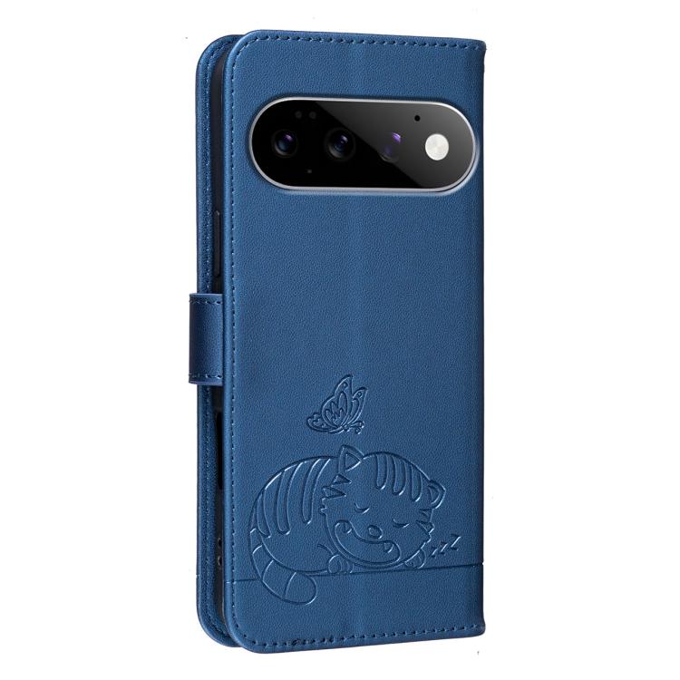 For Google Pixel 11 Pro Cat Butterfly Embossed RFID Vegan Leather Phone Case with Strap