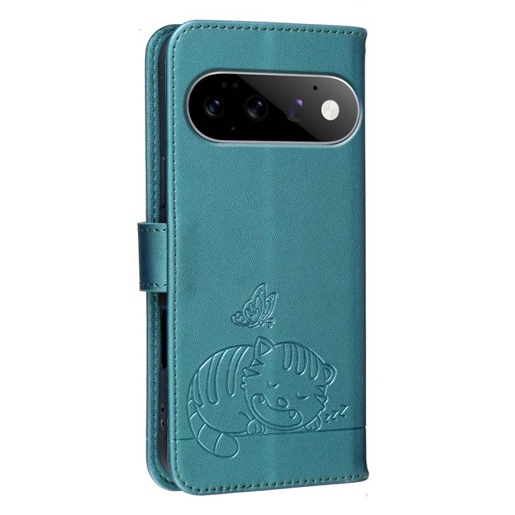 For Google Pixel 11 Pro Cat Butterfly Embossed RFID Vegan Leather Phone Case with Strap