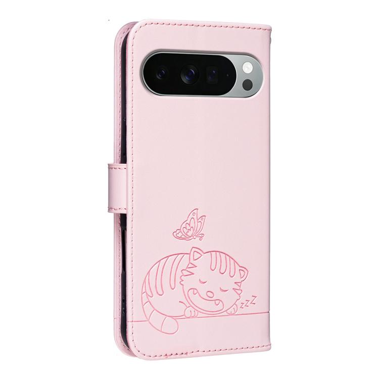 For Google Pixel 11 Pro XL Cat Butterfly Embossed RFID Vegan Leather Phone Case with Strap