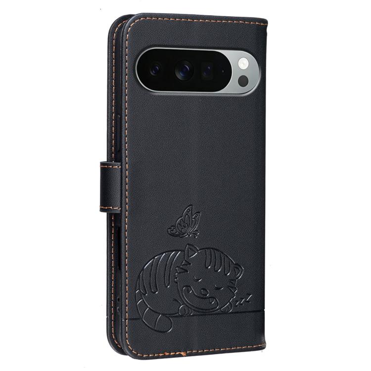 For Google Pixel 11 Pro XL Cat Butterfly Embossed RFID Vegan Leather Phone Case with Strap
