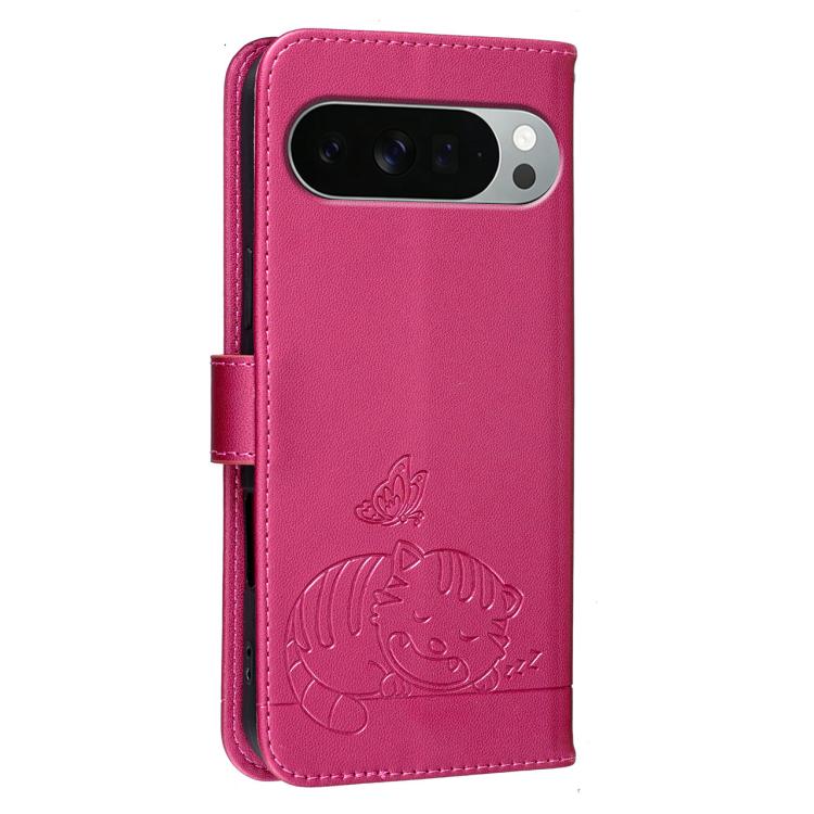 For Google Pixel 11 Pro XL Cat Butterfly Embossed RFID Vegan Leather Phone Case with Strap