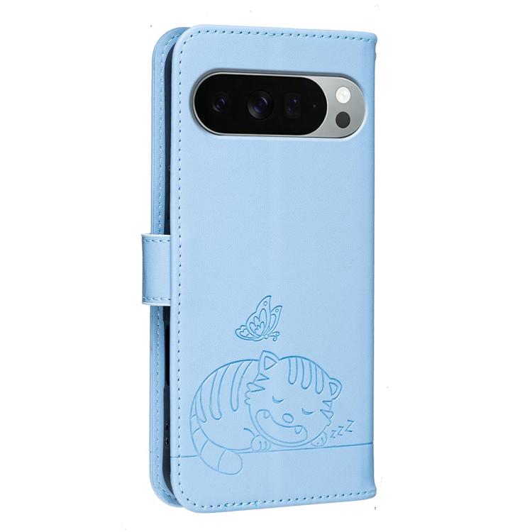 For Google Pixel 11 Pro XL Cat Butterfly Embossed RFID Vegan Leather Phone Case with Strap
