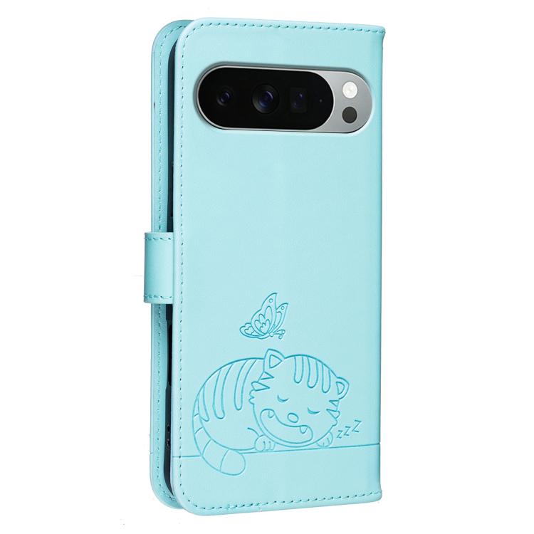 For Google Pixel 11 Pro XL Cat Butterfly Embossed RFID Vegan Leather Phone Case with Strap