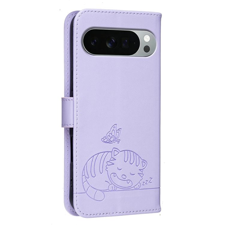 For Google Pixel 11 Pro XL Cat Butterfly Embossed RFID Vegan Leather Phone Case with Strap