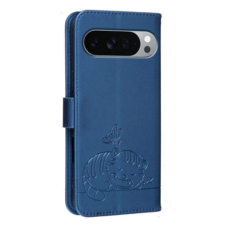 For Google Pixel 11 Pro XL Cat Butterfly Embossed RFID Vegan Leather Phone Case with Strap