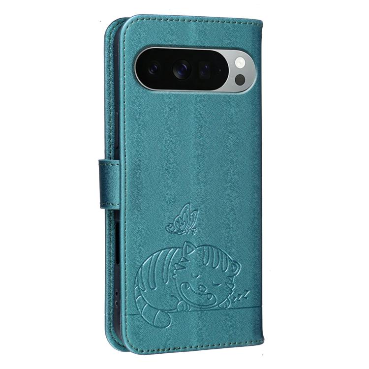 For Google Pixel 11 Pro XL Cat Butterfly Embossed RFID Vegan Leather Phone Case with Strap
