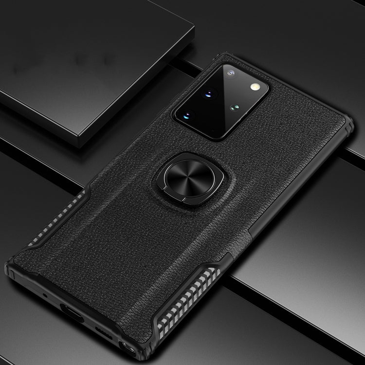 For Samsung Galaxy Note20 Ultra Litchi Texture Knight Armor Shockproof PC + Silicone Case with 360 Degree Rotation Magnetic Ring Holder