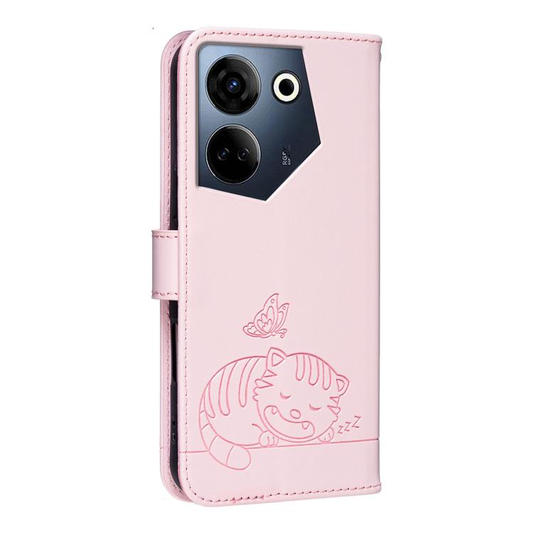 For Tecno Camon 20 Cat Butterfly Embossed RFID Vegan Leather Phone Case with Strap