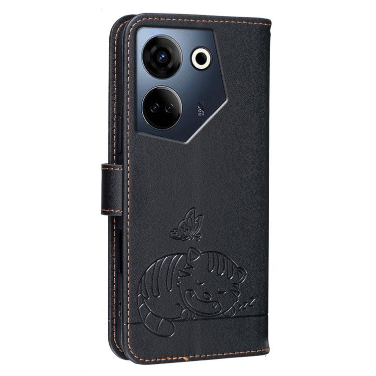 For Tecno Camon 20 Cat Butterfly Embossed RFID Vegan Leather Phone Case with Strap