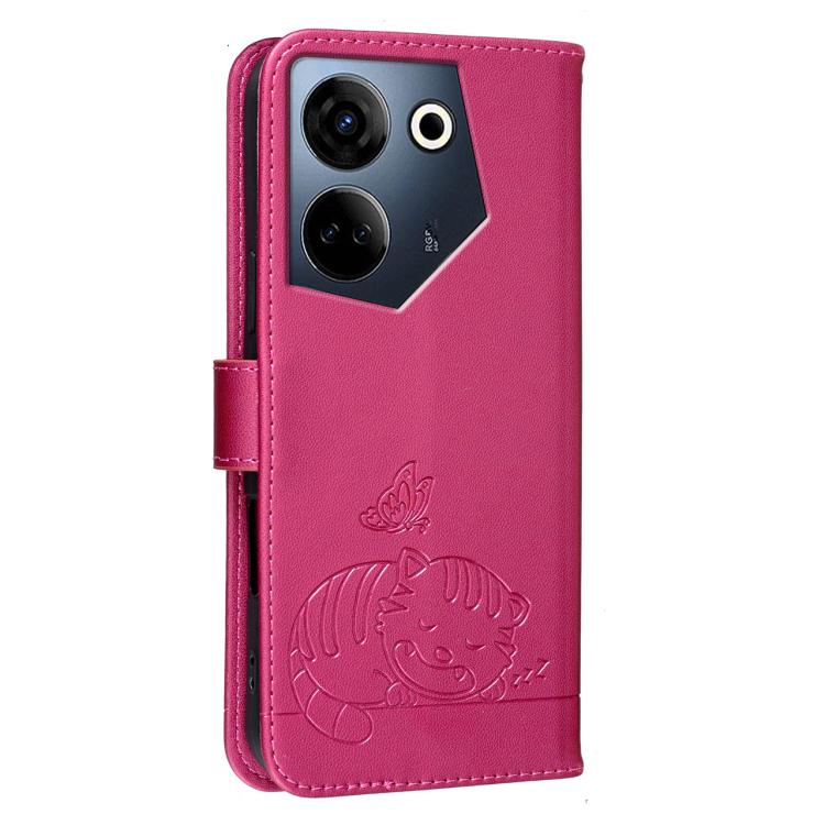 For Tecno Camon 20 Cat Butterfly Embossed RFID Vegan Leather Phone Case with Strap