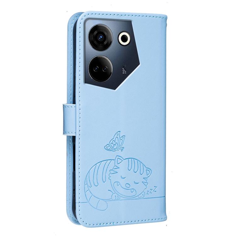 For Tecno Camon 20 Cat Butterfly Embossed RFID Vegan Leather Phone Case with Strap