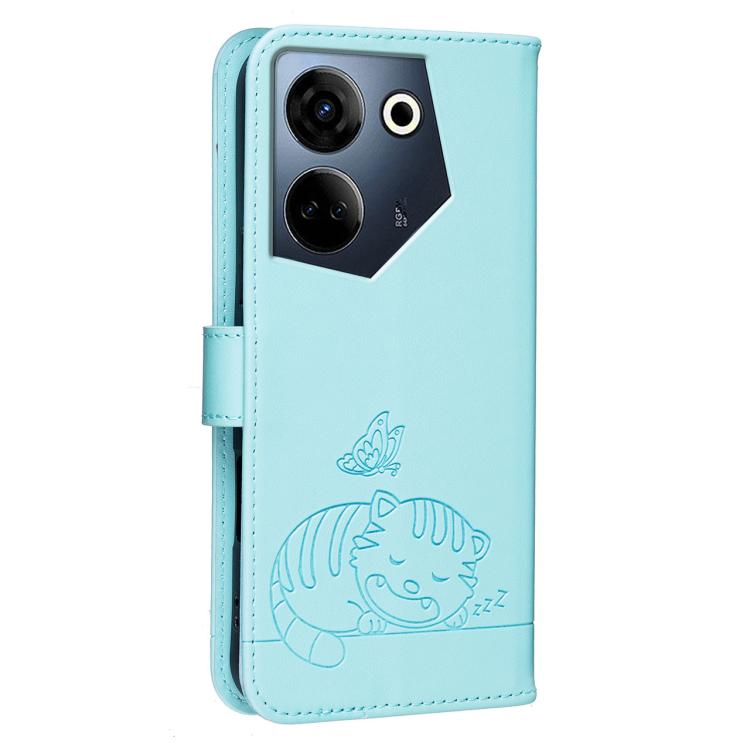 For Tecno Camon 20 Cat Butterfly Embossed RFID Vegan Leather Phone Case with Strap