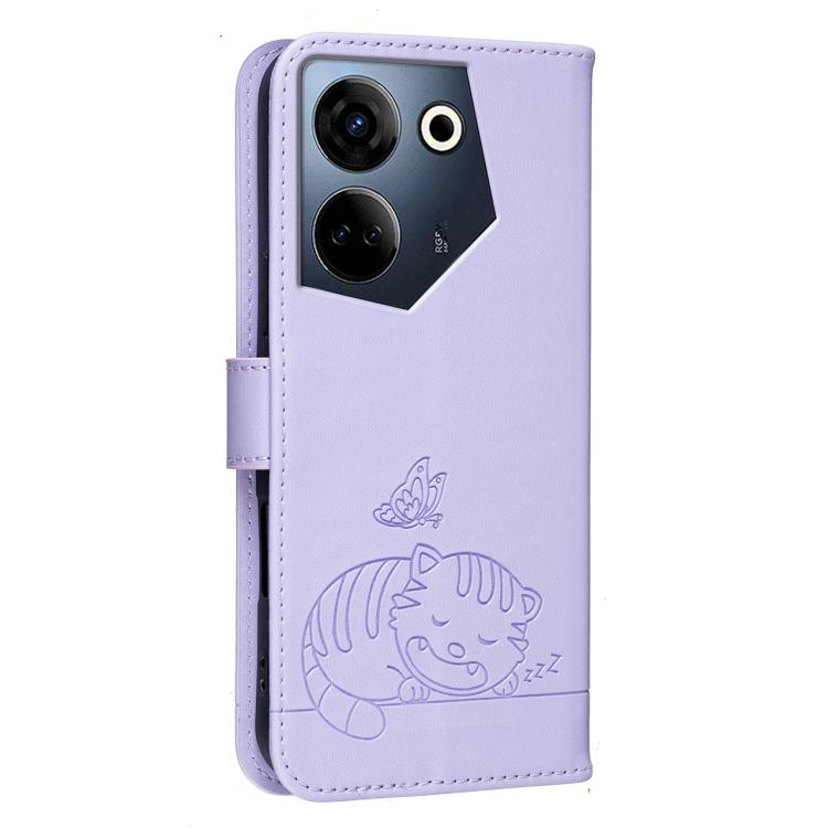 For Tecno Camon 20 Cat Butterfly Embossed RFID Vegan Leather Phone Case with Strap