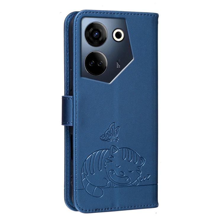For Tecno Camon 20 Cat Butterfly Embossed RFID Vegan Leather Phone Case with Strap