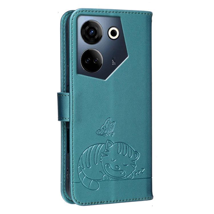 For Tecno Camon 20 Cat Butterfly Embossed RFID Vegan Leather Phone Case with Strap