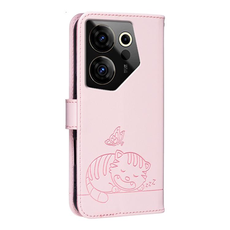 For Tecno Camon 20 Premier Cat Butterfly Embossed RFID Vegan Leather Phone Case with Strap