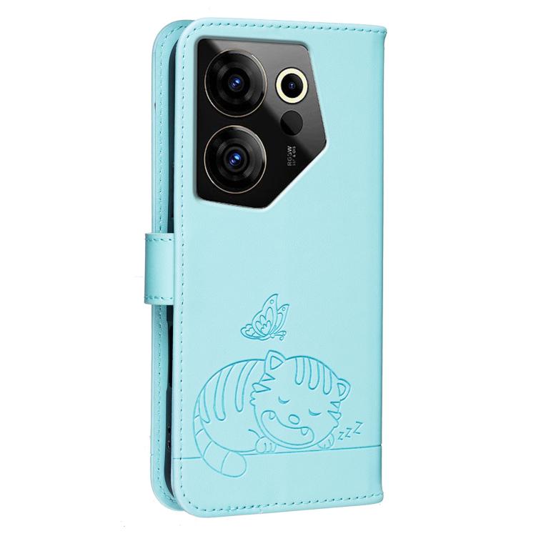 For Tecno Camon 20 Premier Cat Butterfly Embossed RFID Vegan Leather Phone Case with Strap