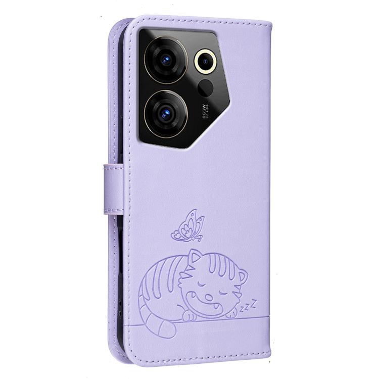 For Tecno Camon 20 Premier Cat Butterfly Embossed RFID Vegan Leather Phone Case with Strap
