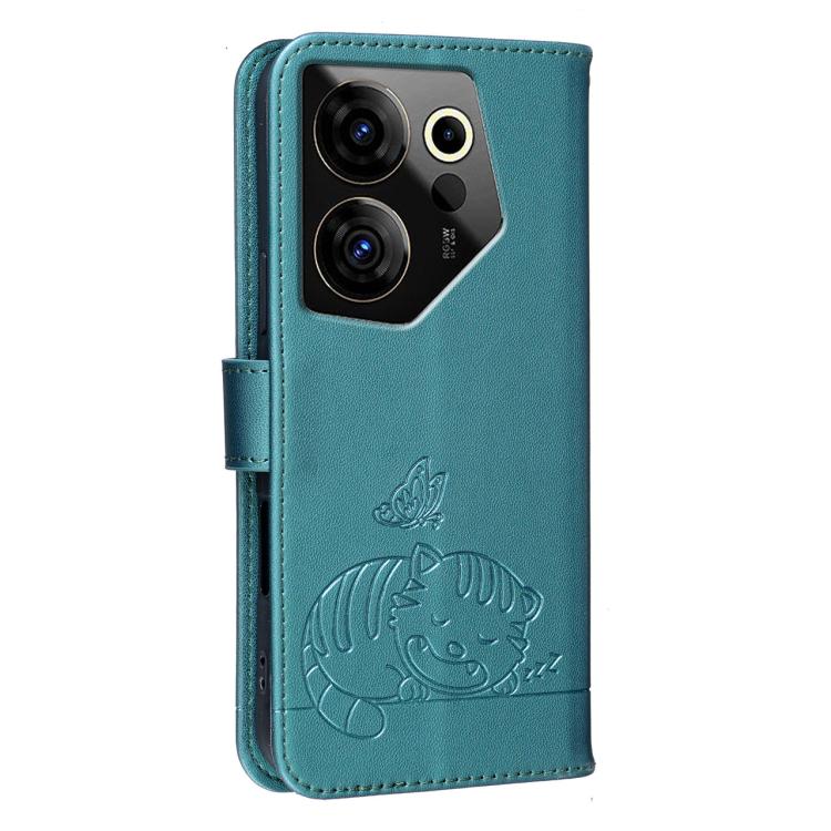 For Tecno Camon 20 Premier Cat Butterfly Embossed RFID Vegan Leather Phone Case with Strap
