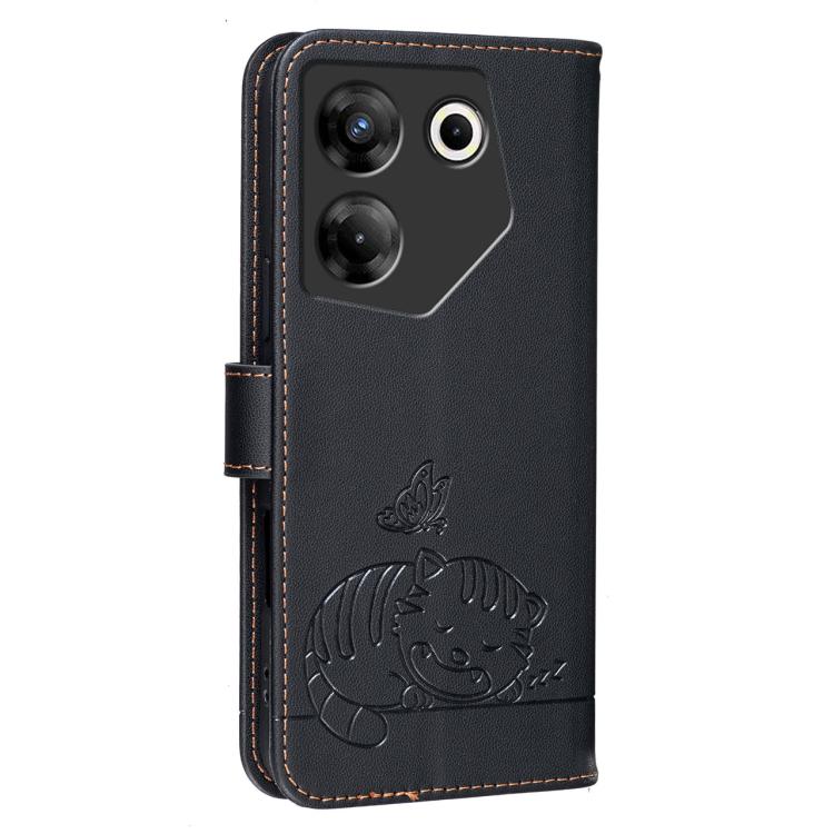 For Tecno Camon 20 Pro 5G Cat Butterfly Embossed RFID Vegan Leather Phone Case with Strap