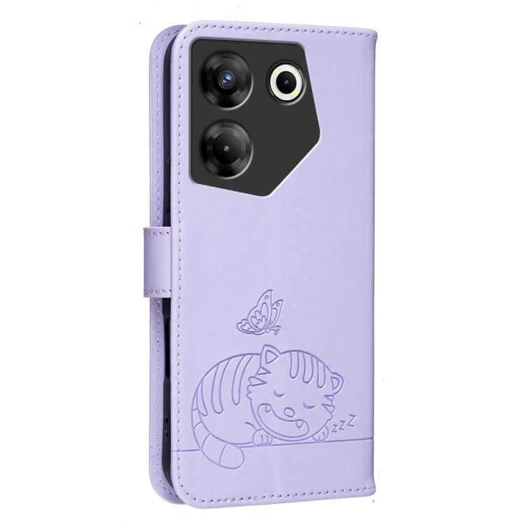 For Tecno Camon 20 Pro 5G Cat Butterfly Embossed RFID Vegan Leather Phone Case with Strap
