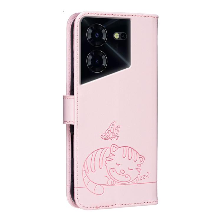 For Tecno Pova 5 4G Cat Butterfly Embossed RFID Vegan Leather Phone Case with Strap