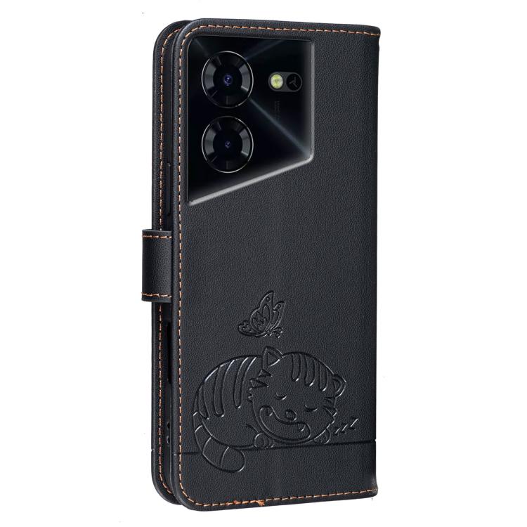 For Tecno Pova 5 4G Cat Butterfly Embossed RFID Vegan Leather Phone Case with Strap