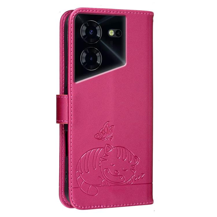 For Tecno Pova 5 4G Cat Butterfly Embossed RFID Vegan Leather Phone Case with Strap