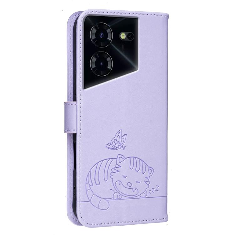 For Tecno Pova 5 4G Cat Butterfly Embossed RFID Vegan Leather Phone Case with Strap
