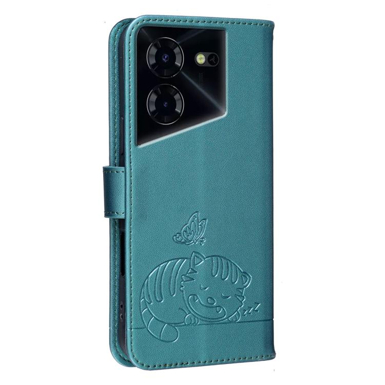 For Tecno Pova 5 4G Cat Butterfly Embossed RFID Vegan Leather Phone Case with Strap