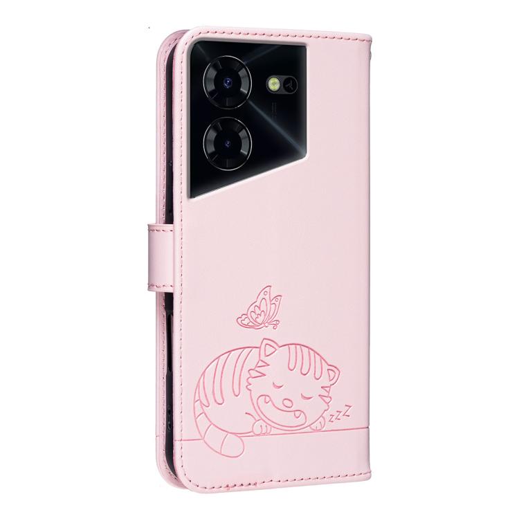 For Tecno Pova 5 Pro Cat Butterfly Embossed RFID Vegan Leather Phone Case with Strap