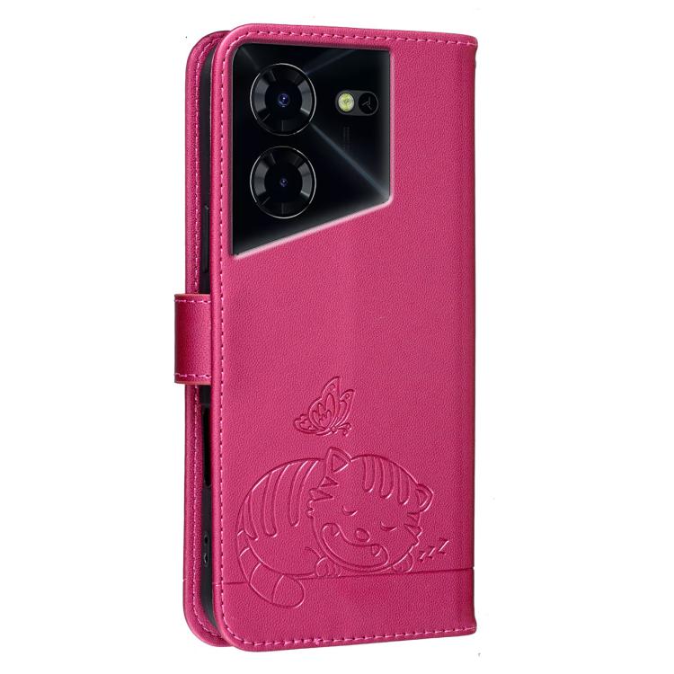 For Tecno Pova 5 Pro Cat Butterfly Embossed RFID Vegan Leather Phone Case with Strap