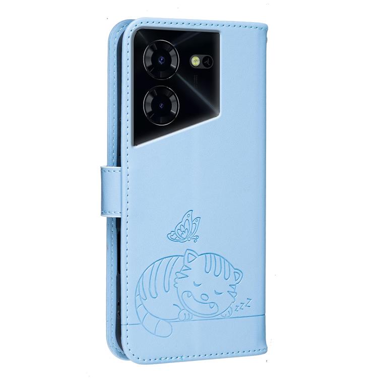 For Tecno Pova 5 Pro Cat Butterfly Embossed RFID Vegan Leather Phone Case with Strap