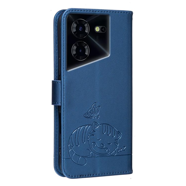 For Tecno Pova 5 Pro Cat Butterfly Embossed RFID Vegan Leather Phone Case with Strap