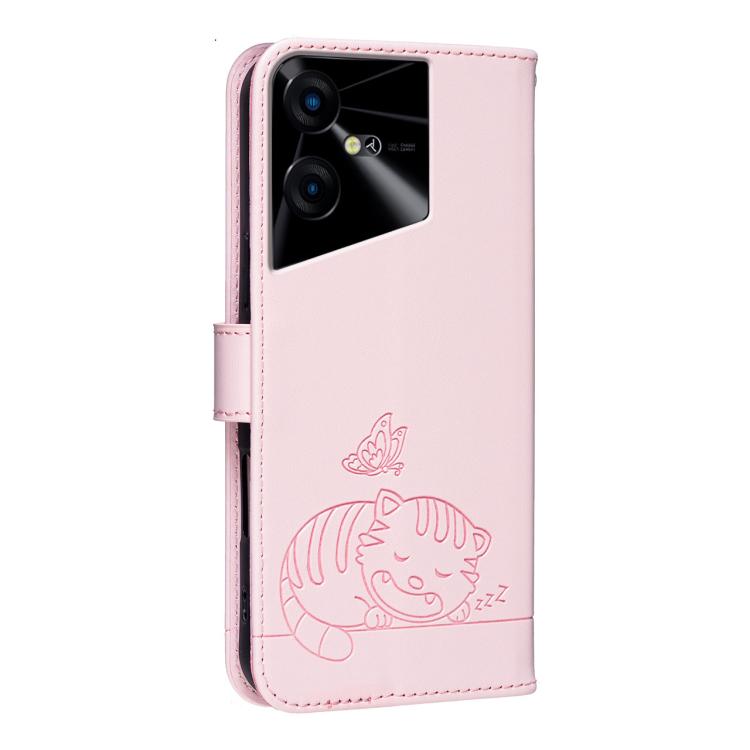 For Tecno Pova Neo 3 Cat Butterfly Embossed RFID Vegan Leather Phone Case with Strap