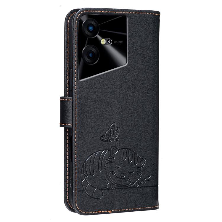 For Tecno Pova Neo 3 Cat Butterfly Embossed RFID Vegan Leather Phone Case with Strap