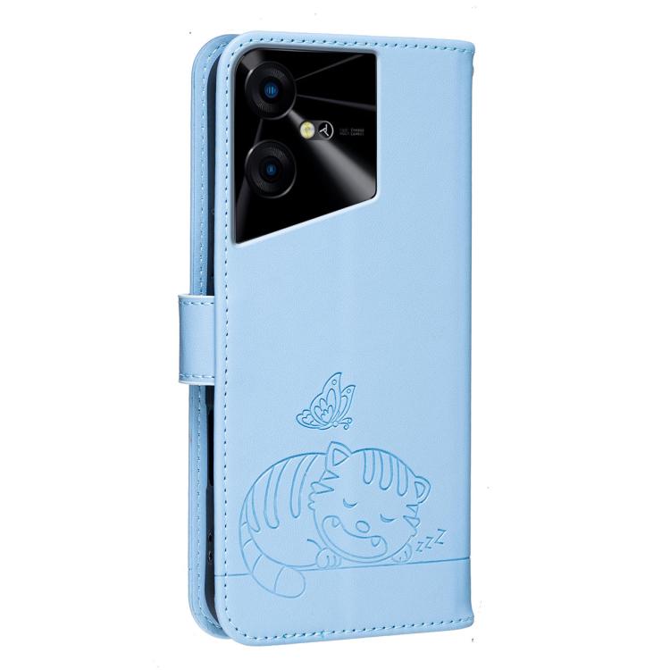 For Tecno Pova Neo 3 Cat Butterfly Embossed RFID Vegan Leather Phone Case with Strap