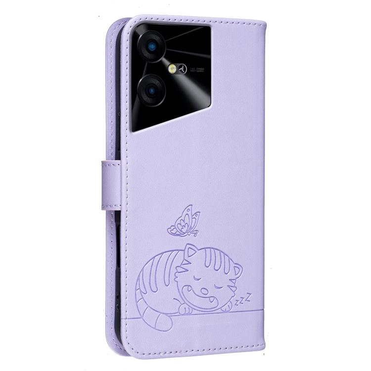 For Tecno Pova Neo 3 Cat Butterfly Embossed RFID Vegan Leather Phone Case with Strap