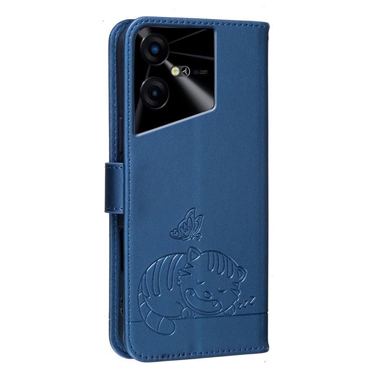 For Tecno Pova Neo 3 Cat Butterfly Embossed RFID Vegan Leather Phone Case with Strap