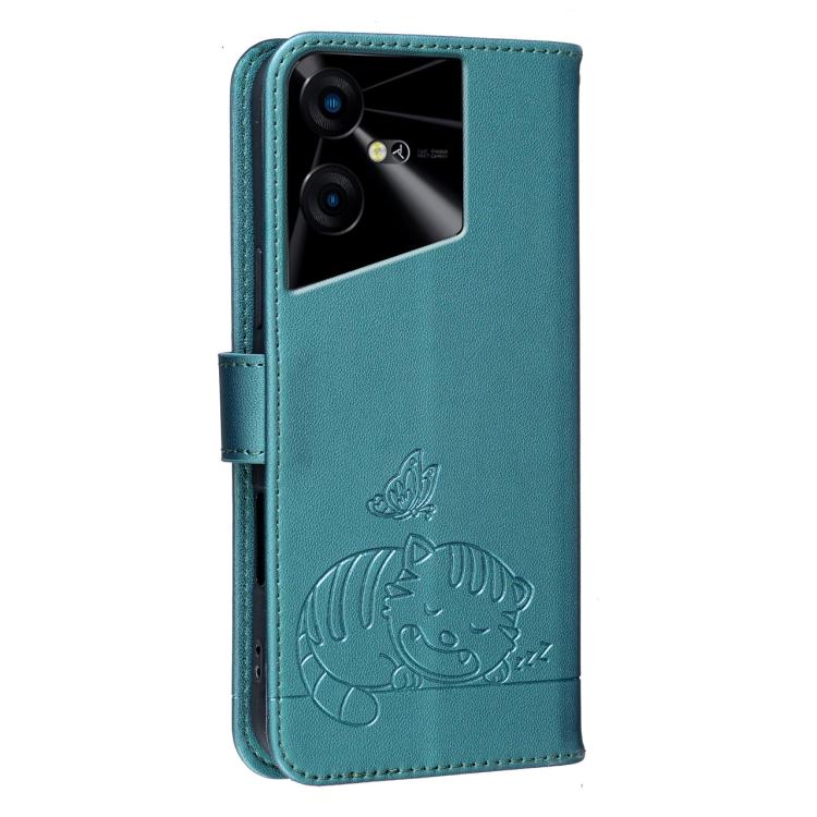 For Tecno Pova Neo 3 Cat Butterfly Embossed RFID Vegan Leather Phone Case with Strap