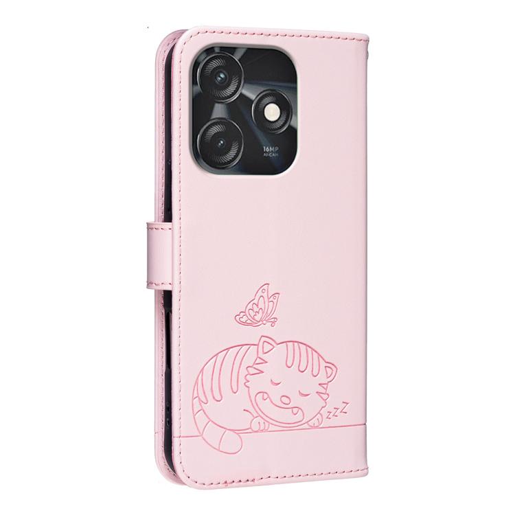 For Tecno Spark 10C Cat Butterfly Embossed RFID Vegan Leather Phone Case with Strap