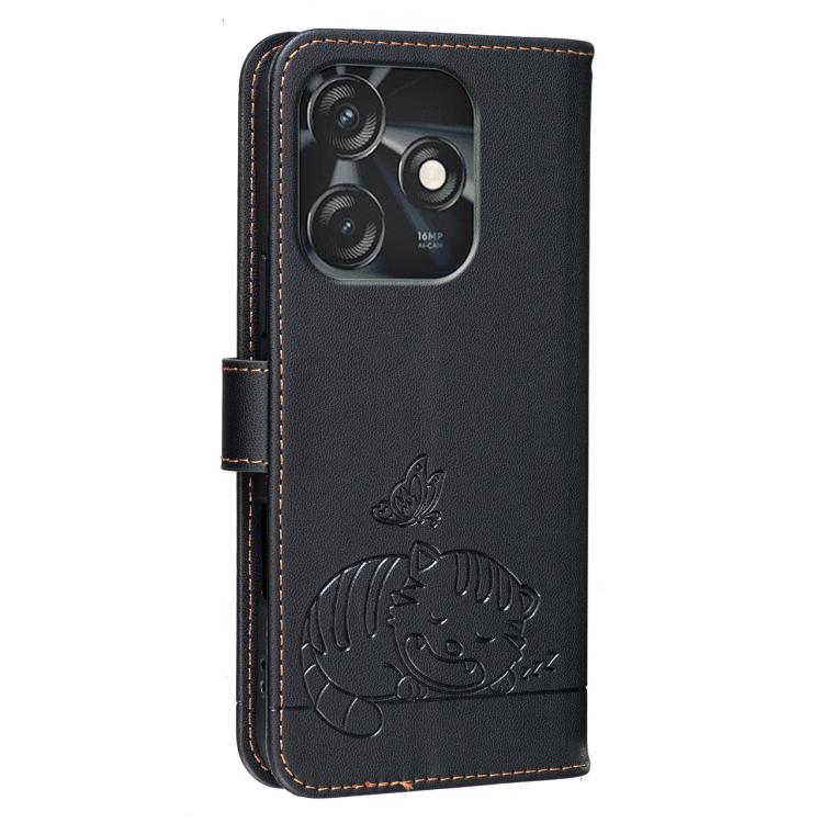 For Tecno Spark 10C Cat Butterfly Embossed RFID Vegan Leather Phone Case with Strap