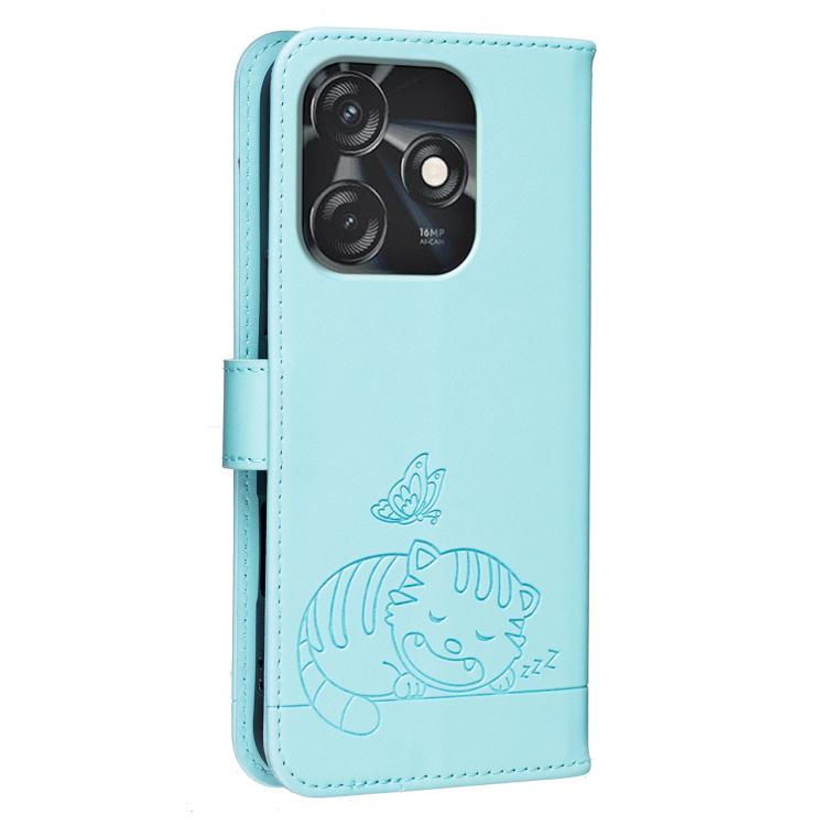 For Tecno Spark 10C Cat Butterfly Embossed RFID Vegan Leather Phone Case with Strap